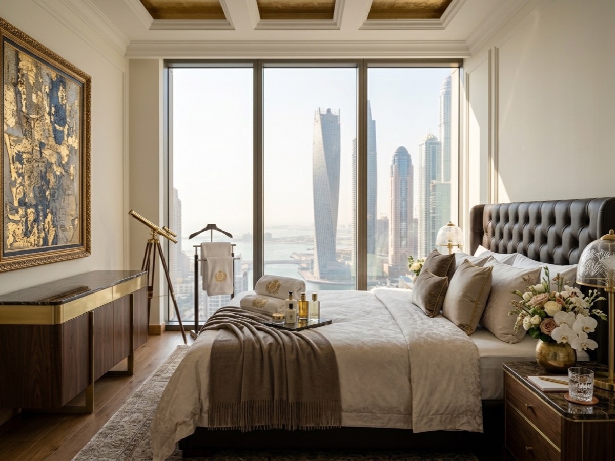Bedroom of a Montroyal-managed apartment overlooking Dubai Marina