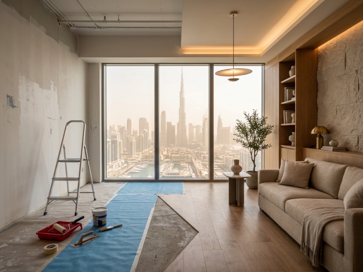 An apartment mid-transformation: bare wall, ladder and dust sheets on one side, finished joinery, stone feature wall and furnishing on the other, with the Dubai skyline beyond